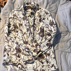 Express Men's Shirt with Cream and Brown Floral Pattern